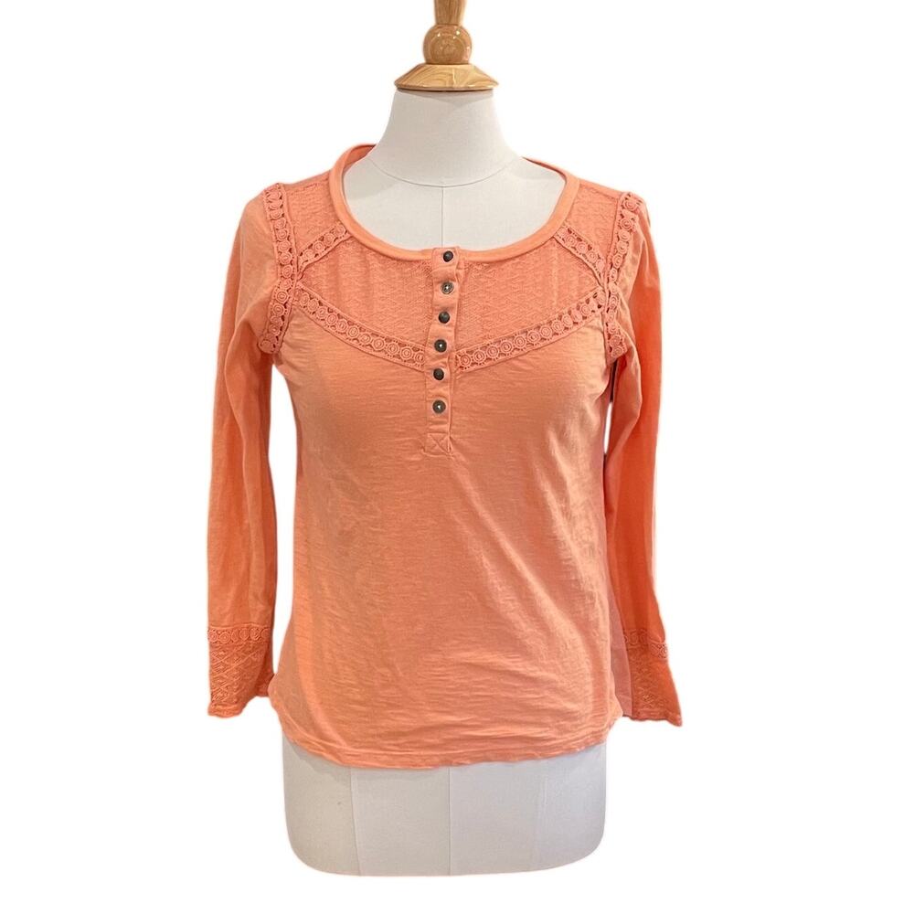 Sundance Coral Pink Embroidered Long Sleeve Henley Shirt, Size S